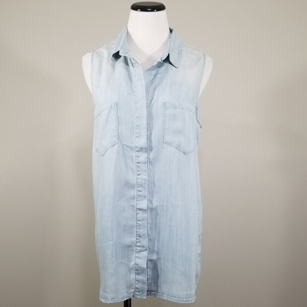 Velvet Heart Light Wash Tencel Sleeveless Chambray Tunic Top L NEW Shirt Womens